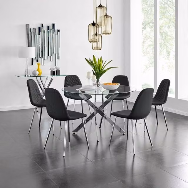 FurnitureboxUK Novara Round Glass Dining Table with 6 Corona Silver Chairs in Black and Chrome