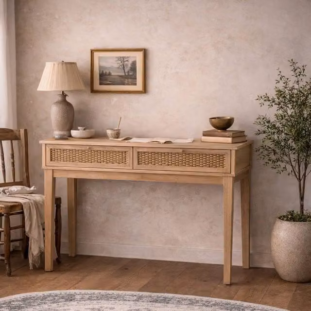 Wyld Haus Waterford Oak and Rattan Dressing Table with 2 Drawers in Natural