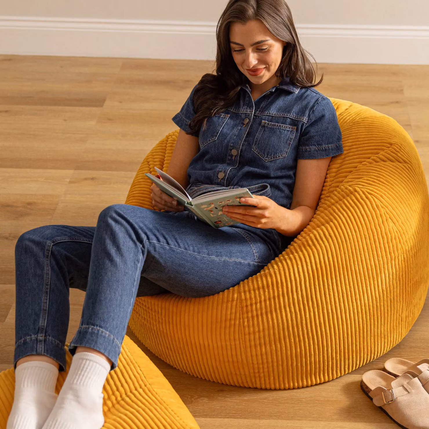 ICON Kingston Jumbo Cord Bean Bag and Footstool Bundle in Yellow – 3