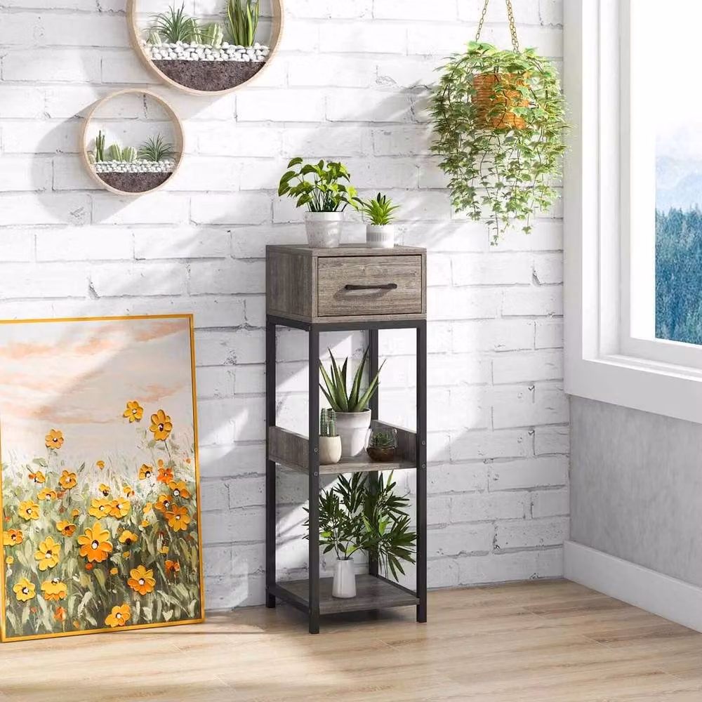 VOGREX 3-Tier Metal Plant Stand with Drawer in Grey – 3
