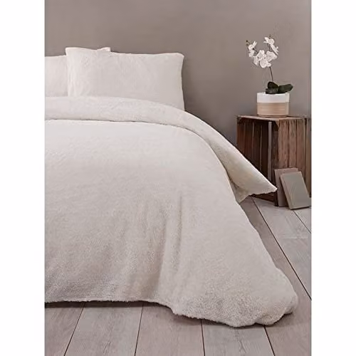 Rapport Home Teddy Fleece Duvet Cover and Pillowcase Set, Beige, W/D/H: 180 x 200 cm and 50 x 75 cm