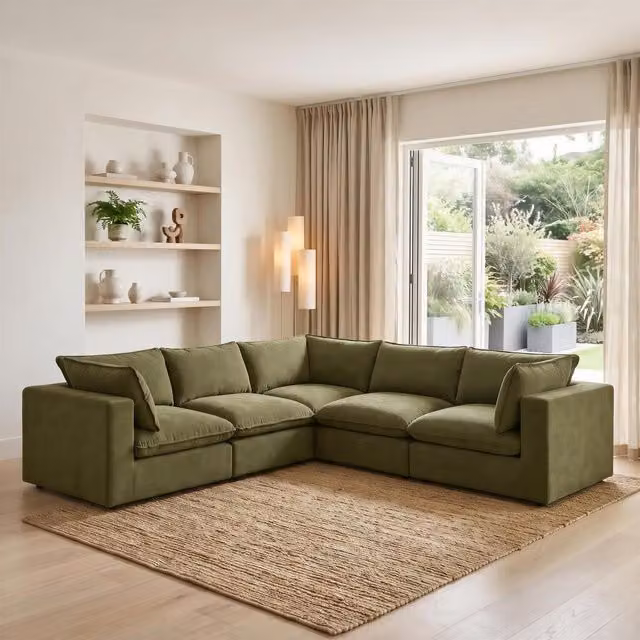 Furniturebox UK Echo Linen-Look Fabric 4 Seater Modular L-Shape Corner Sofa in Green