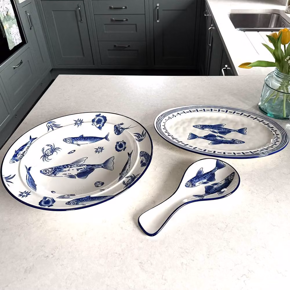 Verano Spanish Ceramics Ocean Fish Ceramic Oval Serving Platter in Blue and White, W: 39 cm, D: 26 cm, H: 3.5 cm – 4