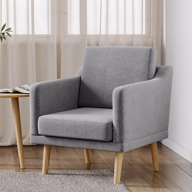 Livingandhome Grey Linen Upholstered Single Armchair with Solid Rubberwood Frame