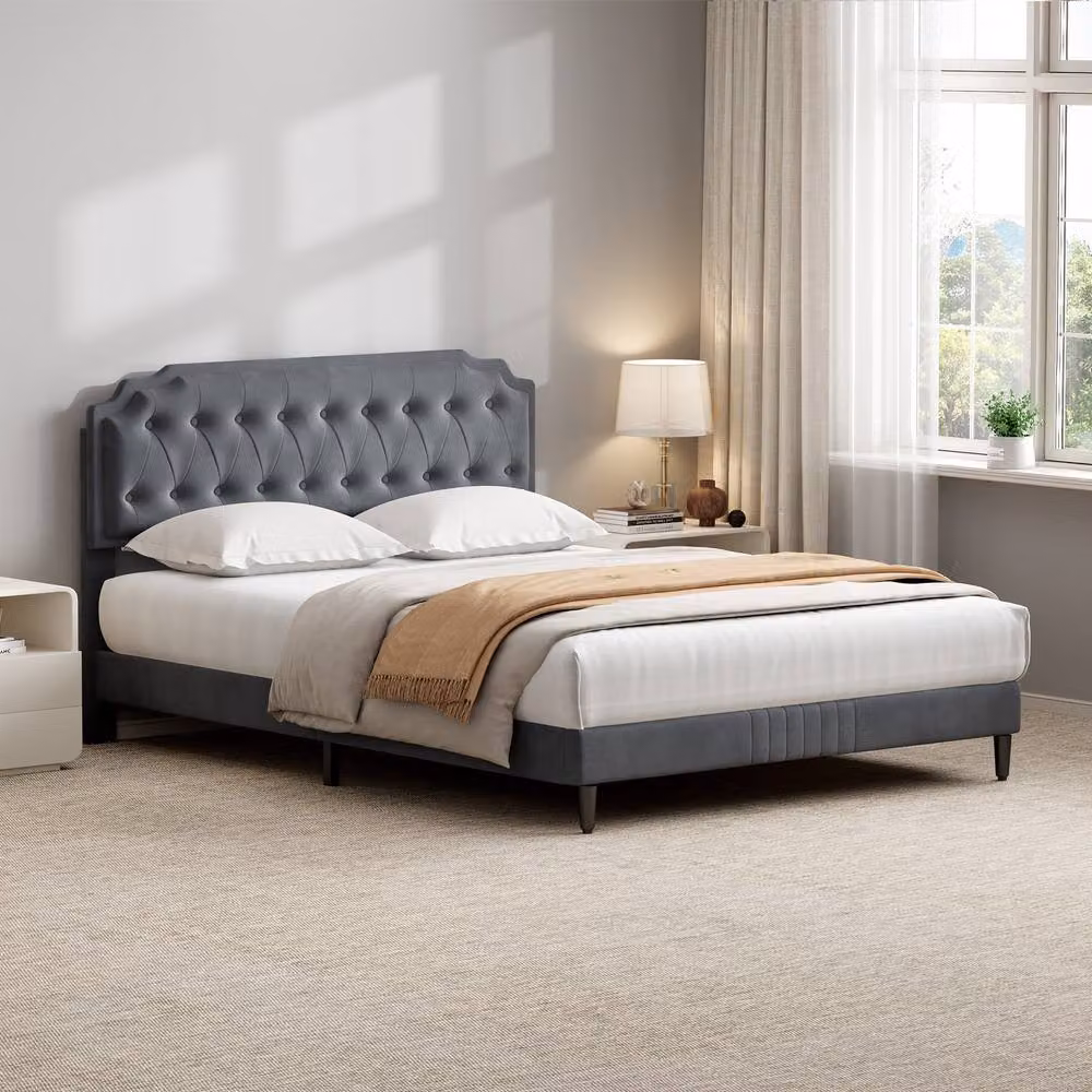 MCC Direct Chelsey Velvet Upholstered King Size Bed Frame with Tufted Headboard in Grey, W/D/H: 180 x 200 cm – 9