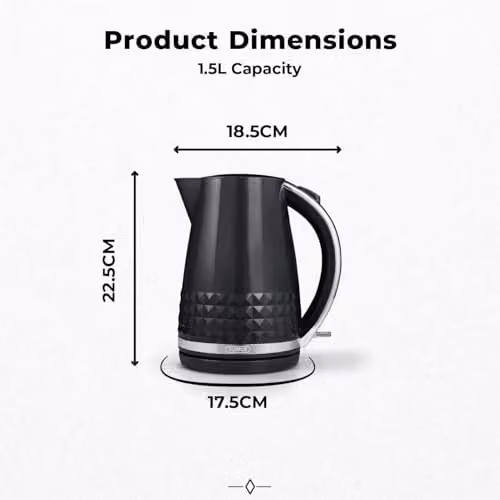 Tower Solitaire Kettle in Black with Chrome Accents, 1.5L, 3kW, with Limescale Filter and Stainless Steel Elements – 6