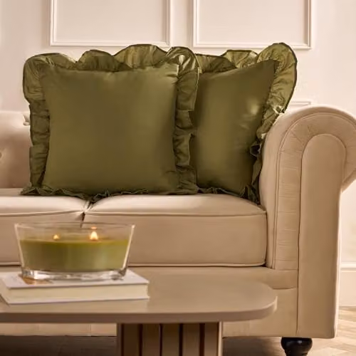 OHS Set of 2 Plain Faux Linen Frill Cushion Covers, Green, W/D/H: 45 x 45 x 45 cm – 3
