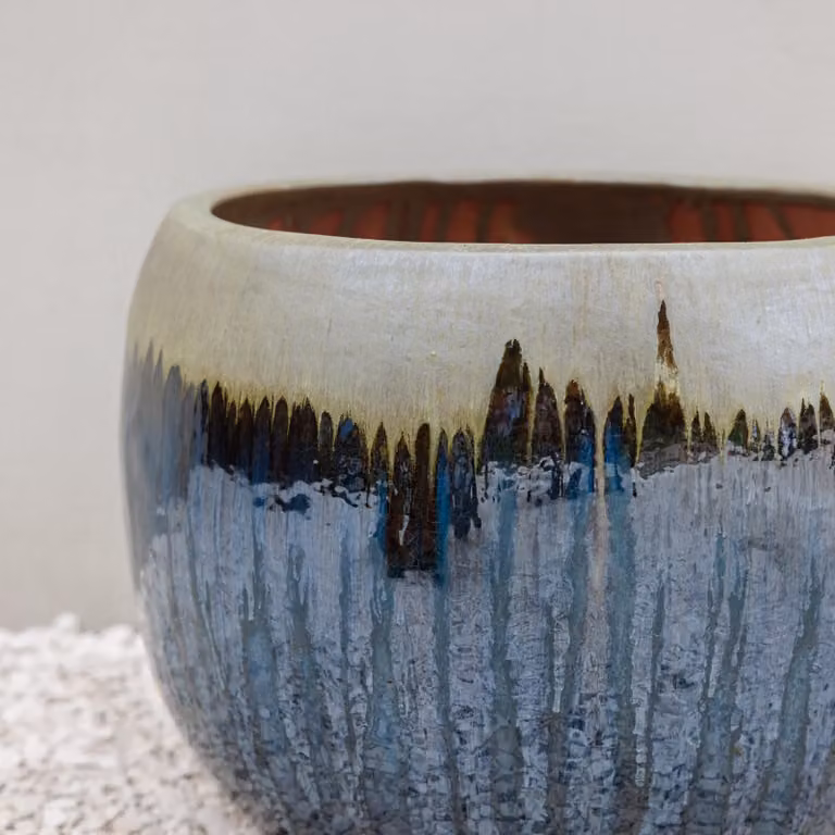 Primrose Glazed Round Outdoor Clay Planter in Blue, Gold and Green, Diameter: 22 cm