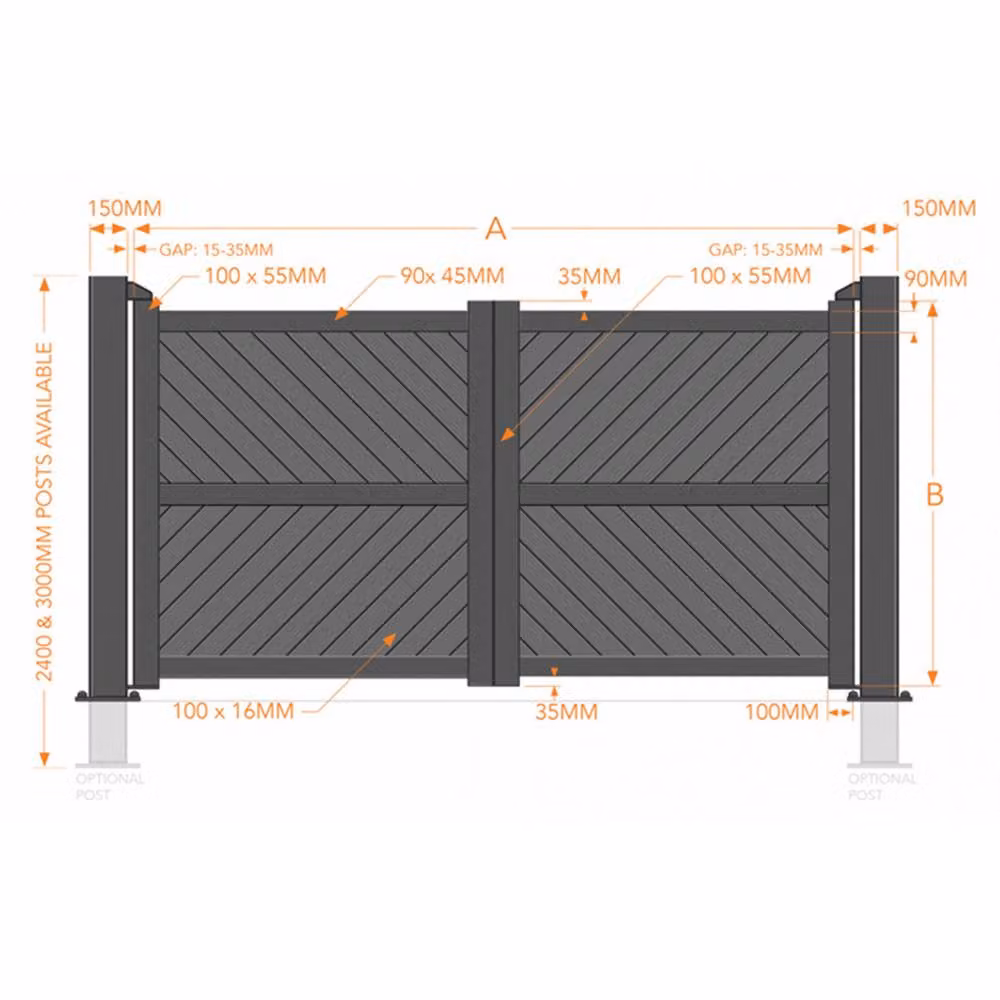 Ready Made Double Swing Gate with Diagonal Solid Infill and Flat Top in Grey, W: 375 cm, H: 180 cm – 2