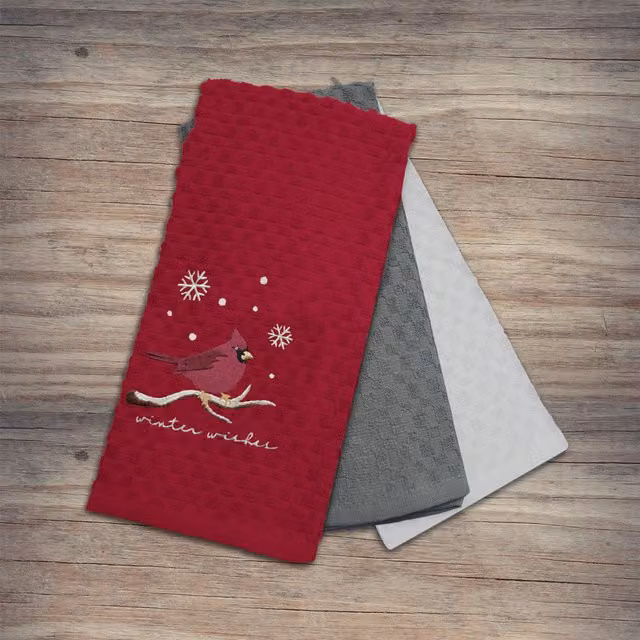 Noel Square Red Winter Robin Highly Absorbent Cotton Tea Towels, Pack of 3