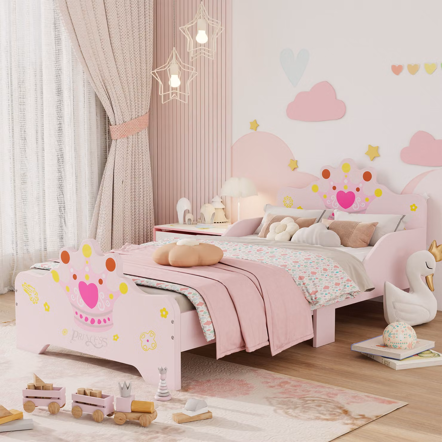 HOMCOM Kids Wooden Bed with Crown Design and Safety Side Rails, Pink – 2