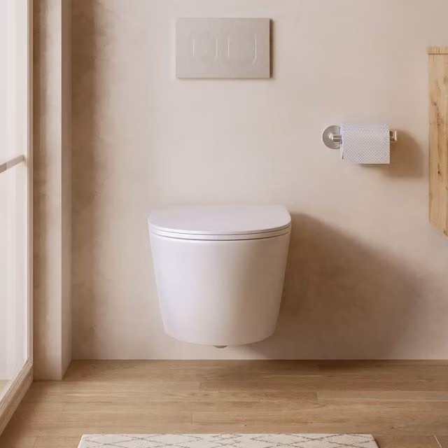 Banyetti Scene Rimless Wall Hung Ceramic Toilet with Soft Close Seat, Gloss White, W/D/H: 36.5 x 48.5 x 36.5 cm