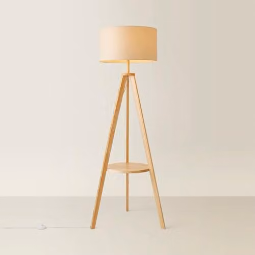 ValueLights Morrigan Modern Wood Tripod Floor Lamp with Beige Fabric Shade and Warm White LED Bulb, H 148 cm x W 45 cm x D 45 cm