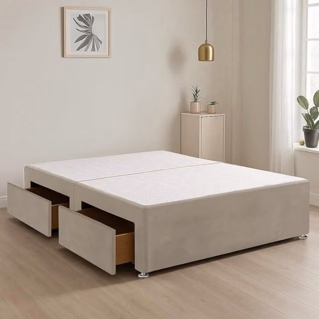 Bed Time UK Plush Fabric Divan Bed Base with 2 Storage Drawers, Ivory, W/D/H: 200 x 200 cm