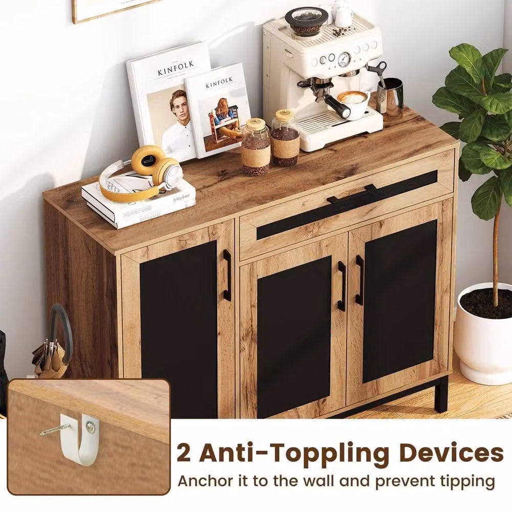 KORVIXA Modern 3-Door Accent Coffee Bar Console Station in Brown and Black, W/D/H: 100 x 100 x 100 cm – 3