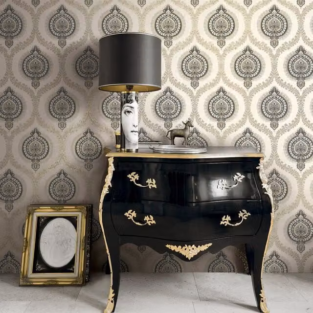 Sunhani Classic Damask Wallpaper in Grey and White by Wallquest