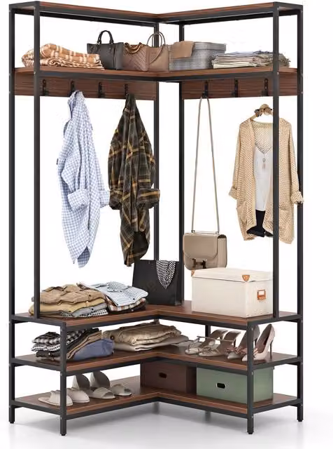Gymax L-shaped Hall Tree with Corner Shoe Bench, Open Shelves and 7 Hooks in Dark Brown – 1