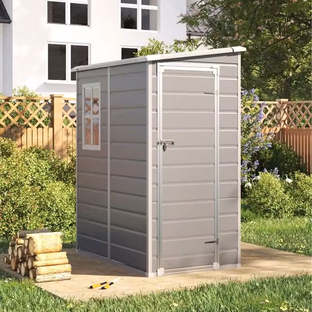 Livingandhome Grey Plastic Pent Garden Shed with Window and Single Door, W: 152 cm, D: 122 cm, H: 183 cm