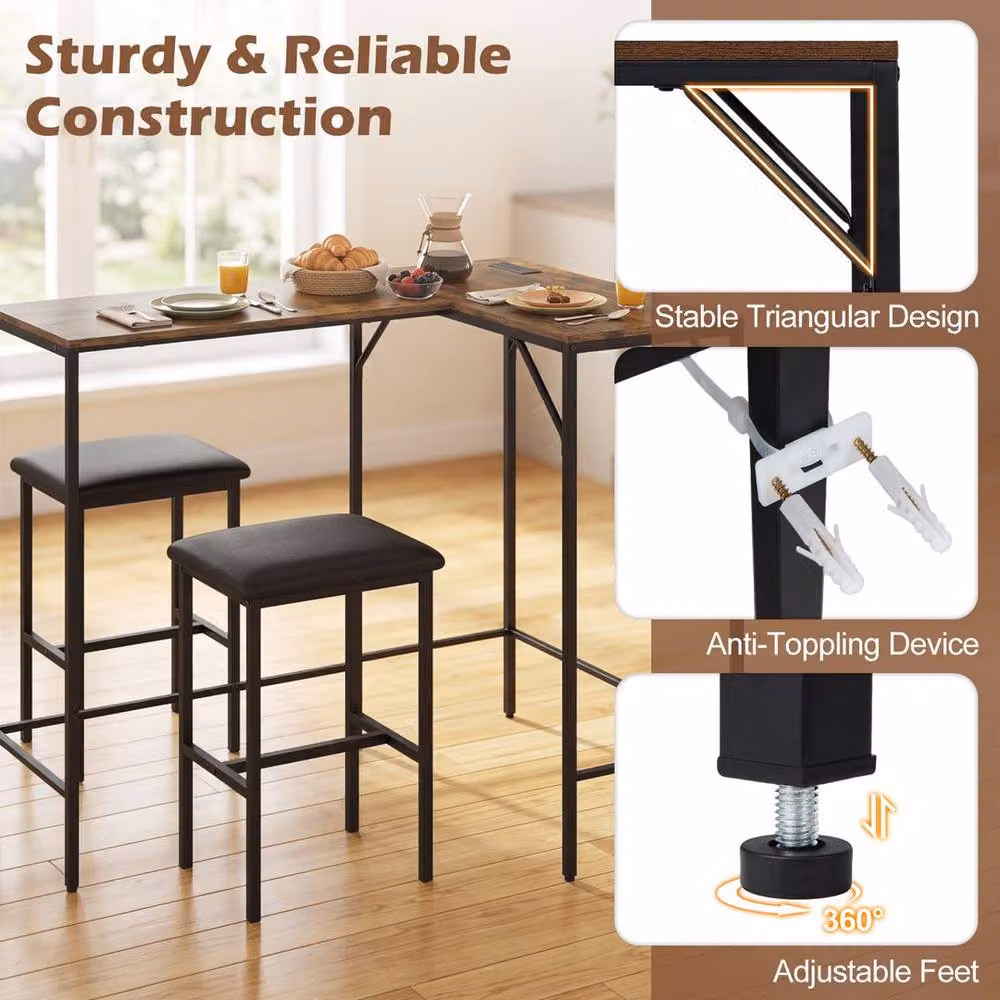 KORVIXA Brown 3-Piece L-Shaped Bar Table and Chair Set for Kitchen and Dining Rooms – 3
