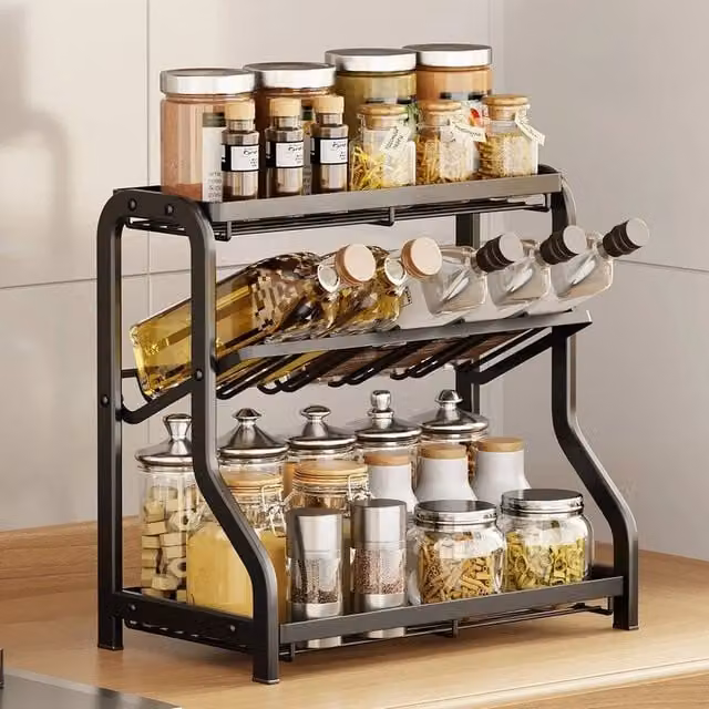 EONLION 3 Tier Free Standing Metal Spice Rack in Black, W/D/H: 36.5 x 20 x 35 cm