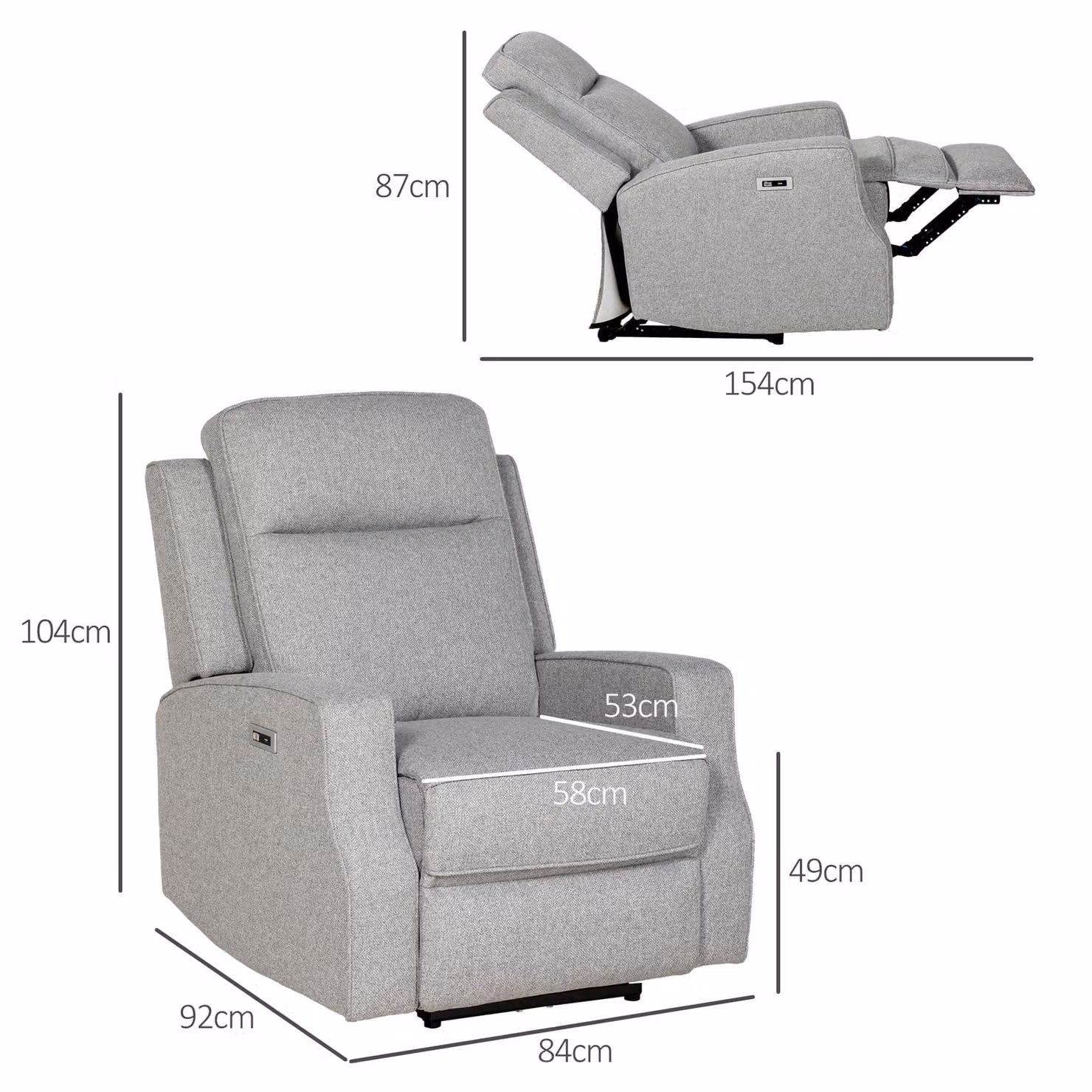 HOMCOM Electric Recliner Armchair in Grey with Adjustable Leg Rest and USB Port – 2