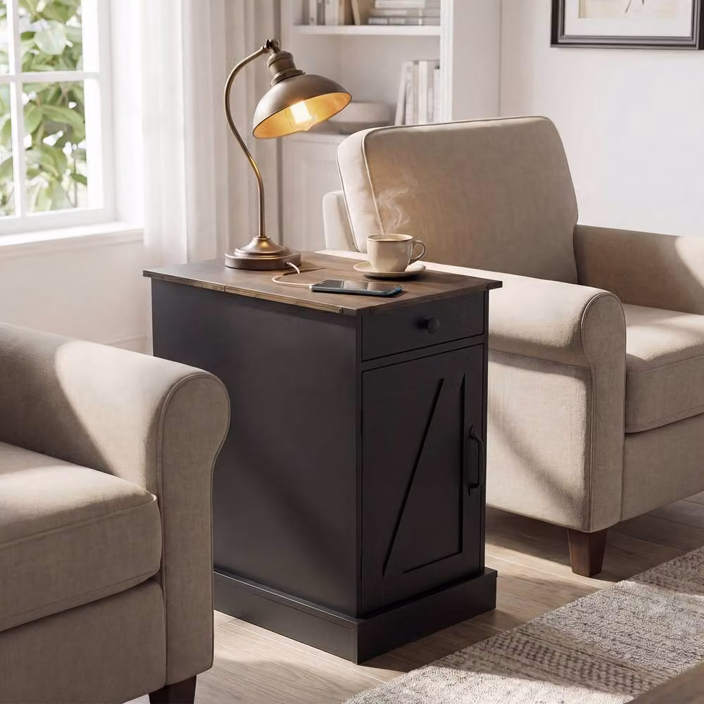 Gymax Farmhouse End Table with Charging Station and Cabinet in Black – 6