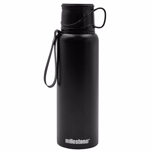 Milestone Camping 53009 Double Walled Insulated Stainless Steel Flask with Tea Strainer, Black, 1.2 l – 1
