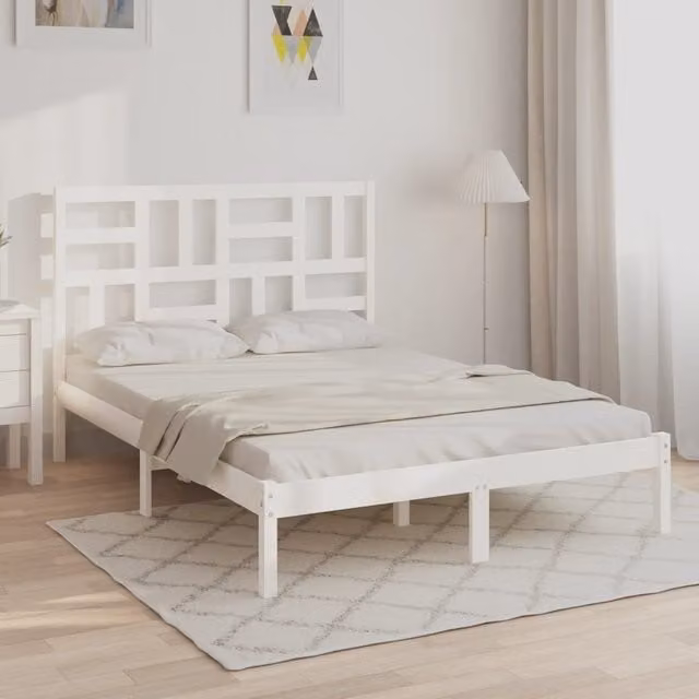 Berkfield Home White Solid Pine Wood Bed Frame W/D/H: 160 x 200 cm