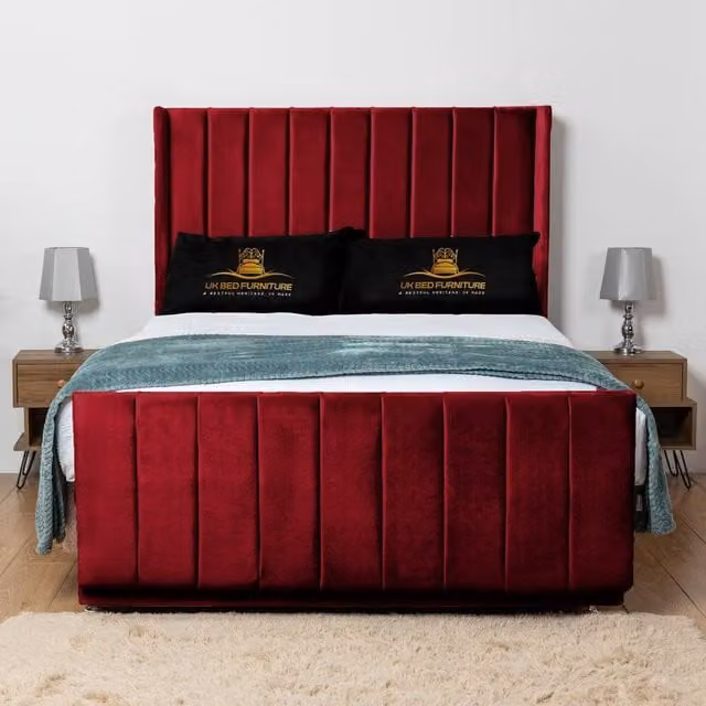 UK Bed Furniture Seoul Wingback Divan Bed Base with 54 Inch Headboard in Red Velvet, Super King, W/D: 200 x 200 cm