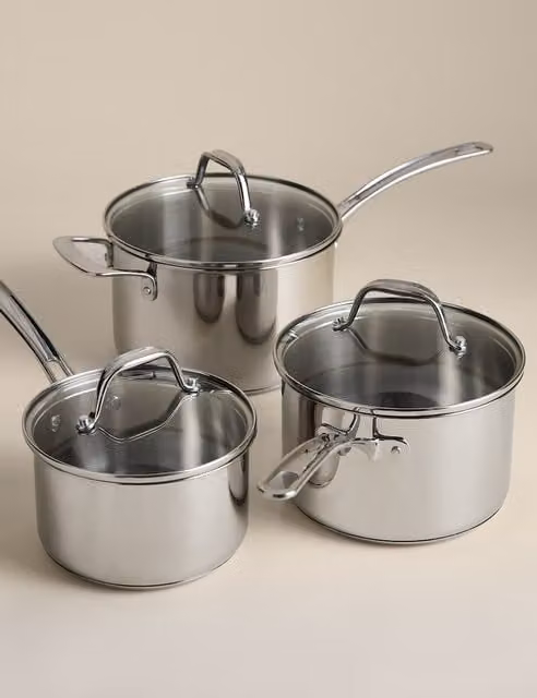 M&S 3 Piece Stainless Steel Saucepan Set with Lids, Silver