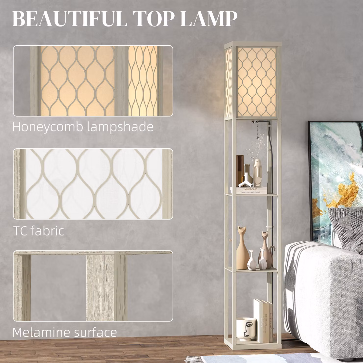 HOMCOM Modern Three-Shelf Standing Floor Lamp in White and Wood with Fabric Shade and Pull Chain, H 160 x W 26 x D 26 cm – 3