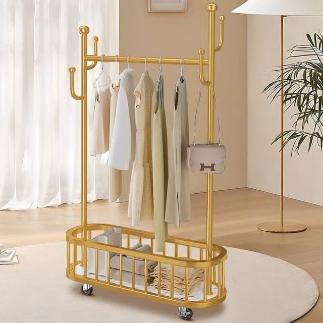 KORVIXA Gold Metal Clothes Rail with Dual Hook and Rail Matrix, Height: 170 cm, Width: 50 cm