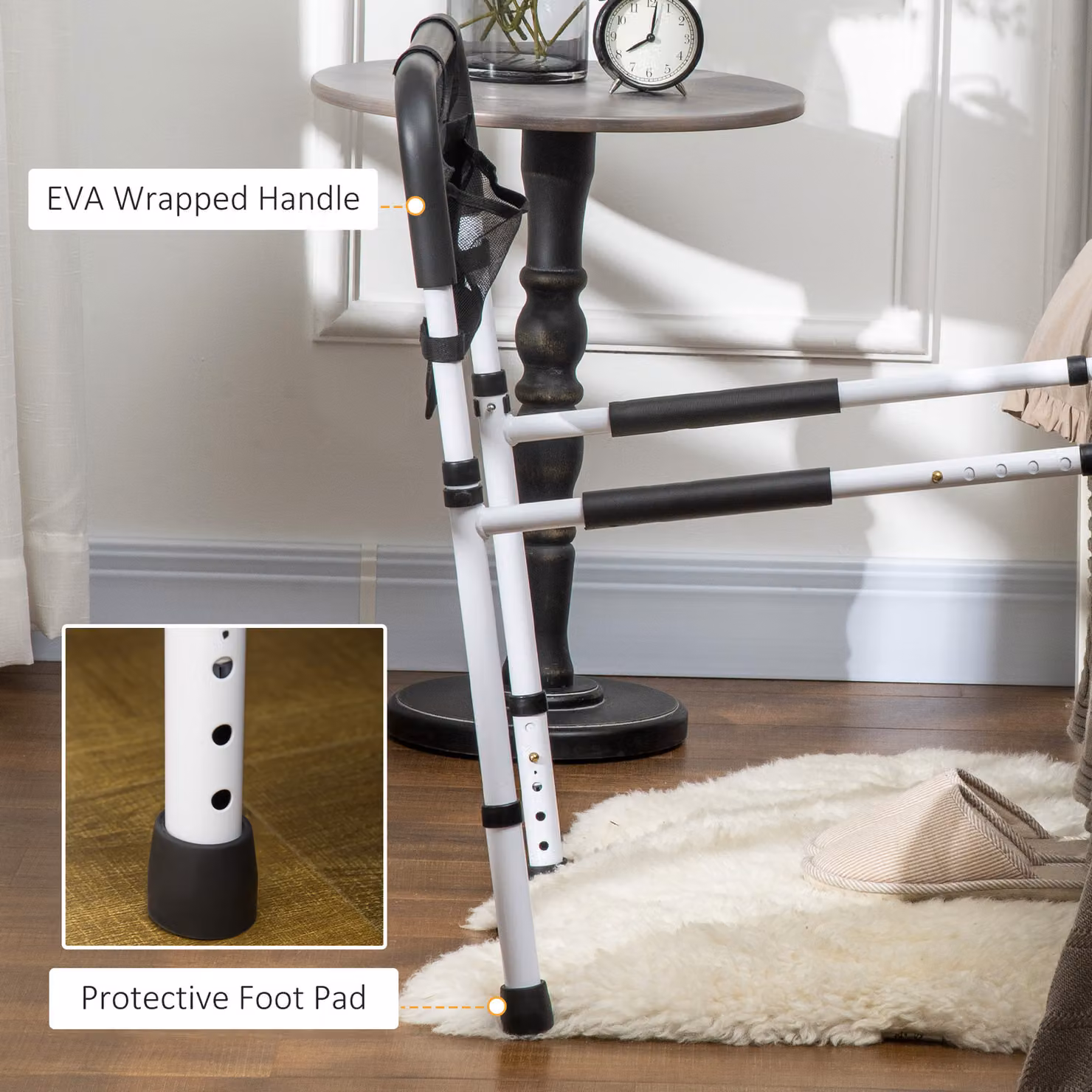 HOMCOM Height Adjustable Safety Bed Rail with Storage Pocket and Grab Bar for Seniors, White – 4