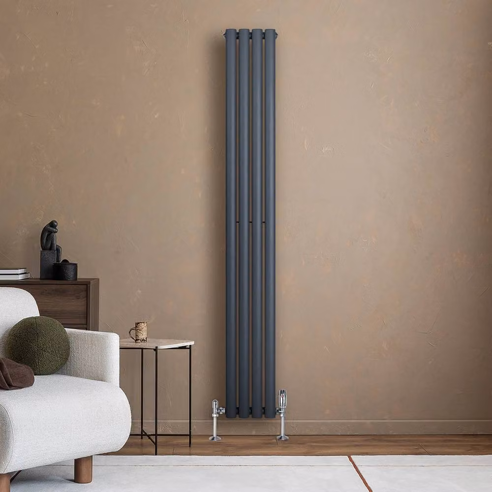 Monstershop Oval Single Column Steel Radiator and Valves with Thermostat Head, Anthracite Grey, H: 180 cm, W: 24 cm – 4