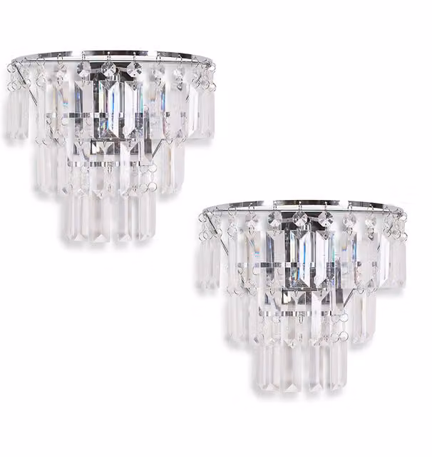 Kelsks Pair of Silver Chrome Acrylic Jewel Droplet Wall Lights with Bulbs