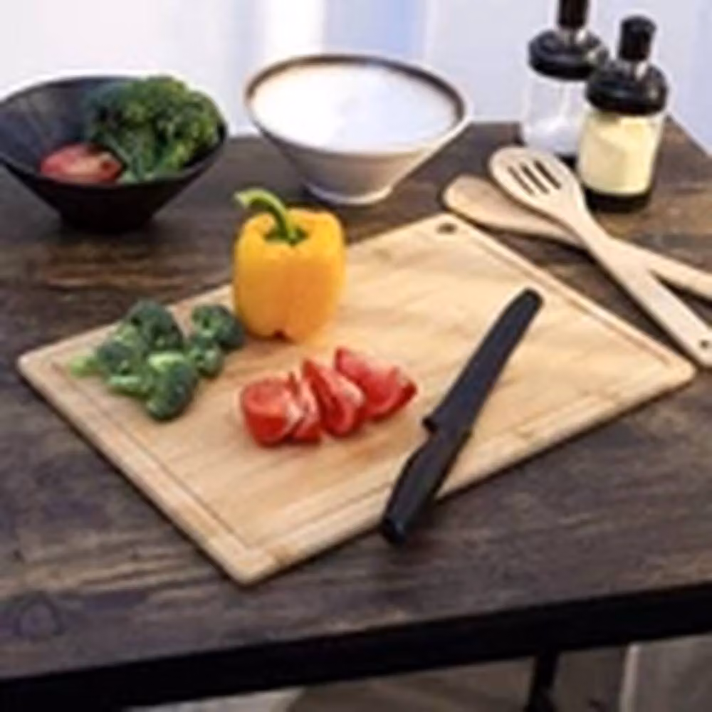 EONLION Natural Bamboo 3-Piece Rectangular Chopping Board Set with Stand and 5 Utensils in Brown and Beige – 2
