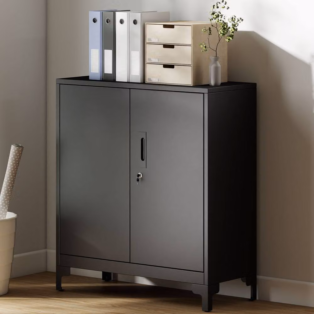 Rolipo 2-Tier Lockable Metal Storage Cabinet with Adjustable Shelves and Double Doors in Matt Black – 2