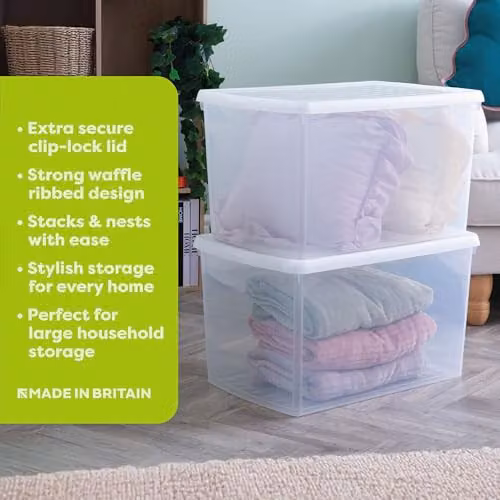 Wham 4 Pack 62L Rectangular Stackable Plastic Storage Boxes with Lids, Transparent – 2