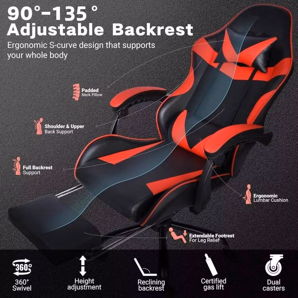 PAWNORA Black and Red Sporty Gaming Chair with Footrest, Headrest and Armrests – 3