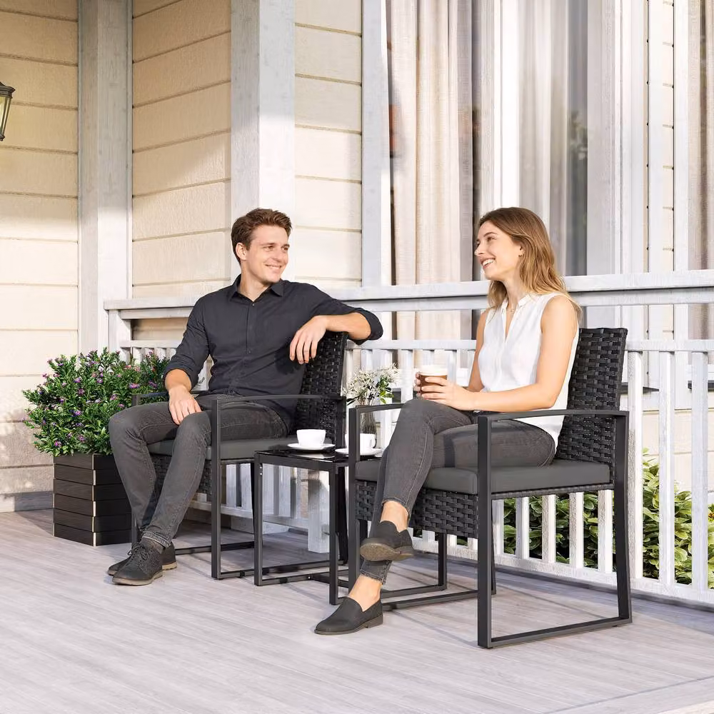 Outsunny 3 Piece Grey Polyrattan Bistro Set with Glass Top for Garden, Balcony or Terrace – 8