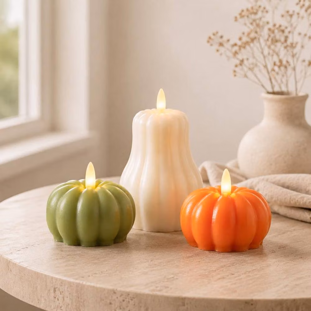 Marco Paul Set of 3 Autumn Flameless LED Wax Candles in Orange, Green and White with Timer – 2