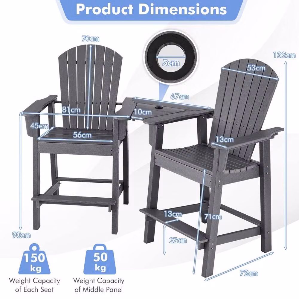 Gymax Grey Adirondack Chair Set with Double Barstools and Middle Connecting Tray – 2