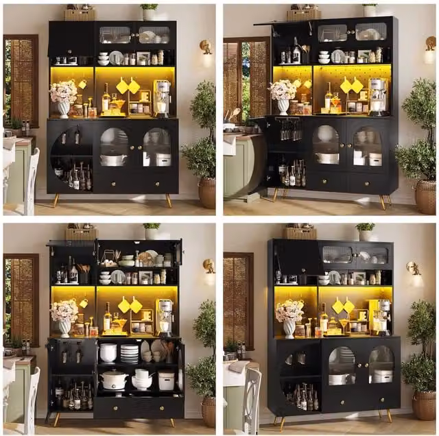 ModernLuxe Matt Black Kitchen Tall Unit with Integrated LED Lighting and Bottle Rack, W/D/H: 40 x 61 x 176 cm – 1