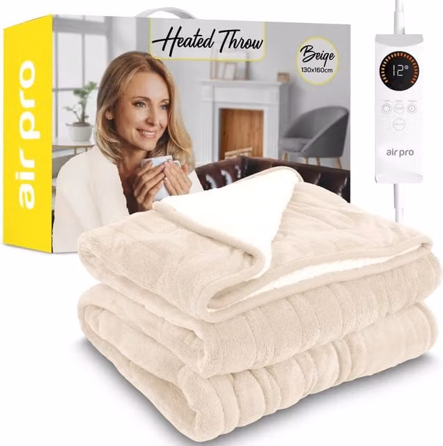 Air Pro Heated Throw Electric Blanket with Digital Controller and Timer in Beige – 1