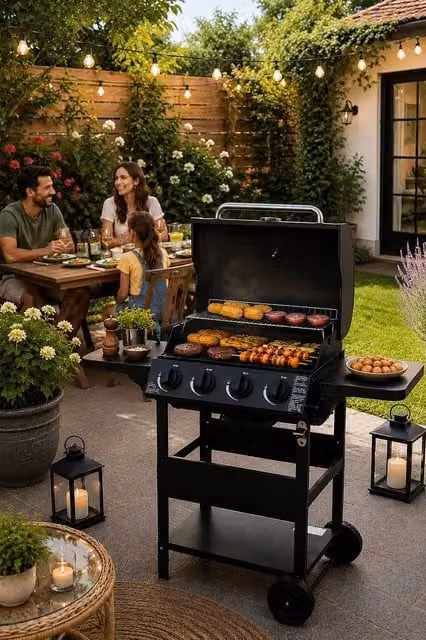 Neo 4 Burner Stainless Steel Gas BBQ Grill with Warming Rack in Black W/D/H: 118 x 103 x 47 cm