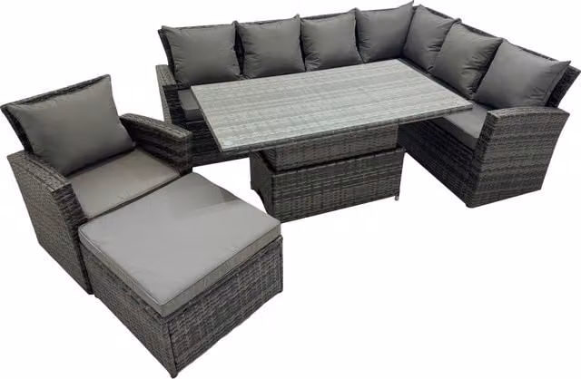 Fimous 8-Seater Rattan Corner Sofa Set with Height Adjustable Glass Top Dining Table in Dark Grey