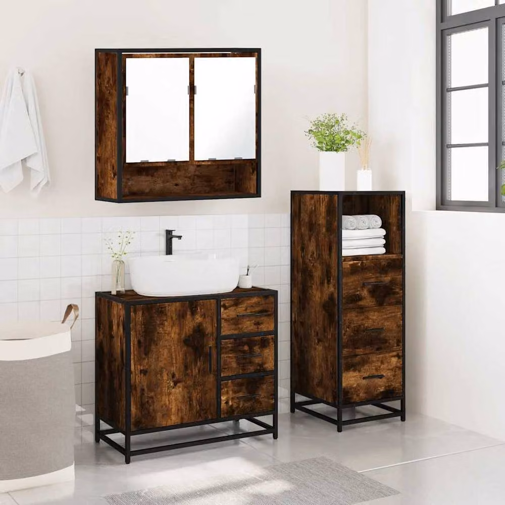 Berkfield Home 3 Piece Industrial Bathroom Furniture Set in Smoked Oak Brown featuring Mirror Cabinet, Vanity Unit and Tall Cabinet – 3