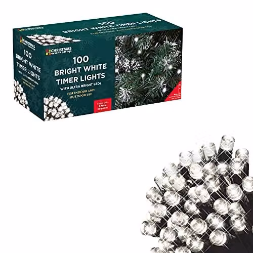 The Christmas Workshop Cool White LED Timer Lights, Battery Operated with 8 Modes for Indoor or Outdoor Decoration (100 Lights) – 1