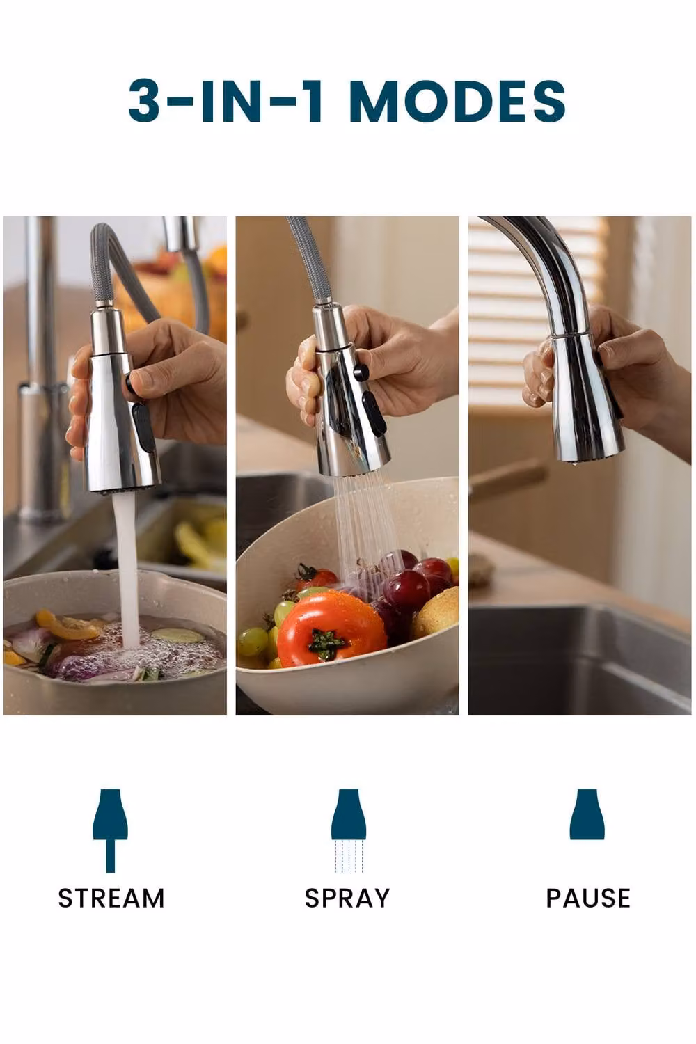 JANLEMNY Silver Kitchen Mixer Tap with Pull-Out Sprayer, 360 Degree Swivel Spout and Single Lever Control, W: 1000 mm, D: 400 mm – 2
