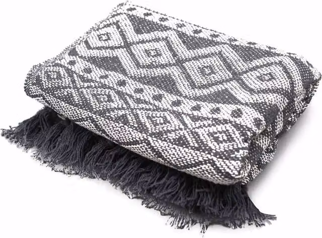 KDMK Grey Geometric Boho Woven Cotton Throw with Fringes, W/D/H: 150 x 125 x 1 cm